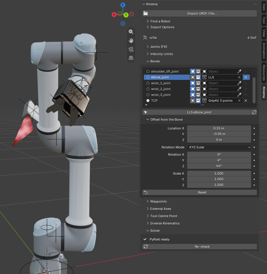 Screenshot: the Bones panel, with something attached to elbow_joint and a gripper on the TCP, and the attachment's offset from the bone open below.