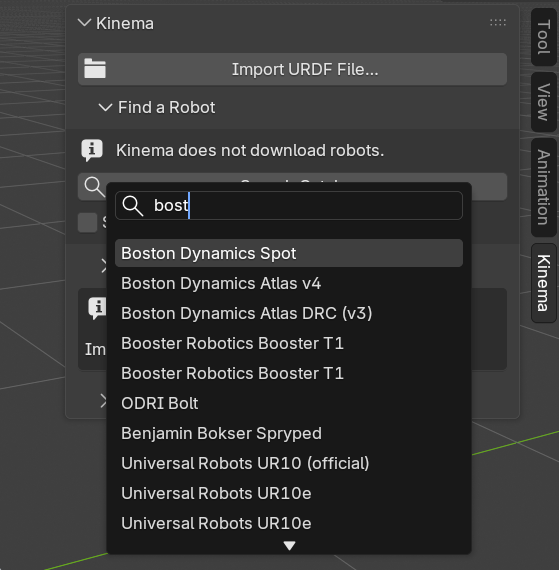 Screenshot: the catalog picker filtered to ur5e.