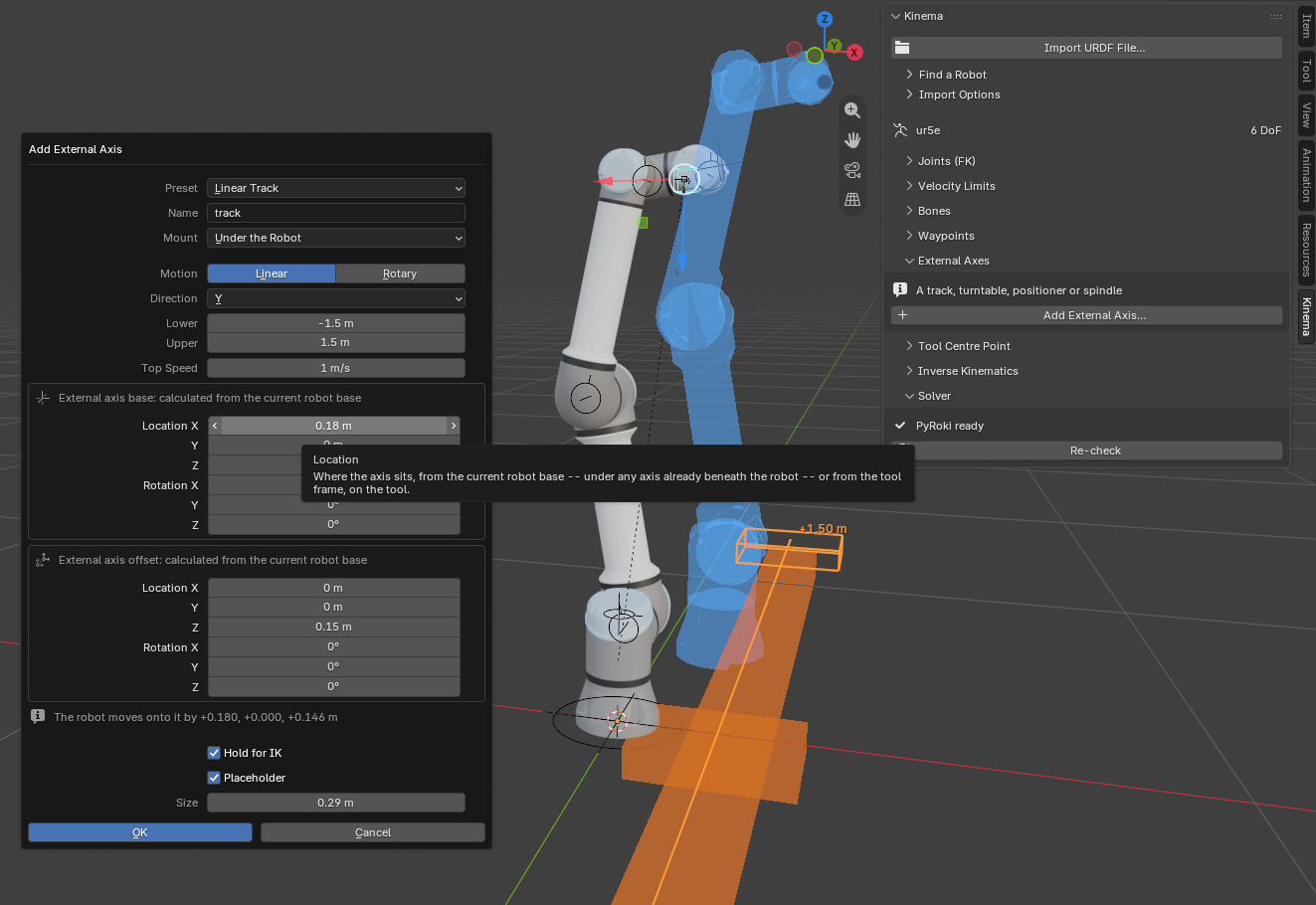 Screenshot: the Add External Axis dialog, with its preview in the viewport.
