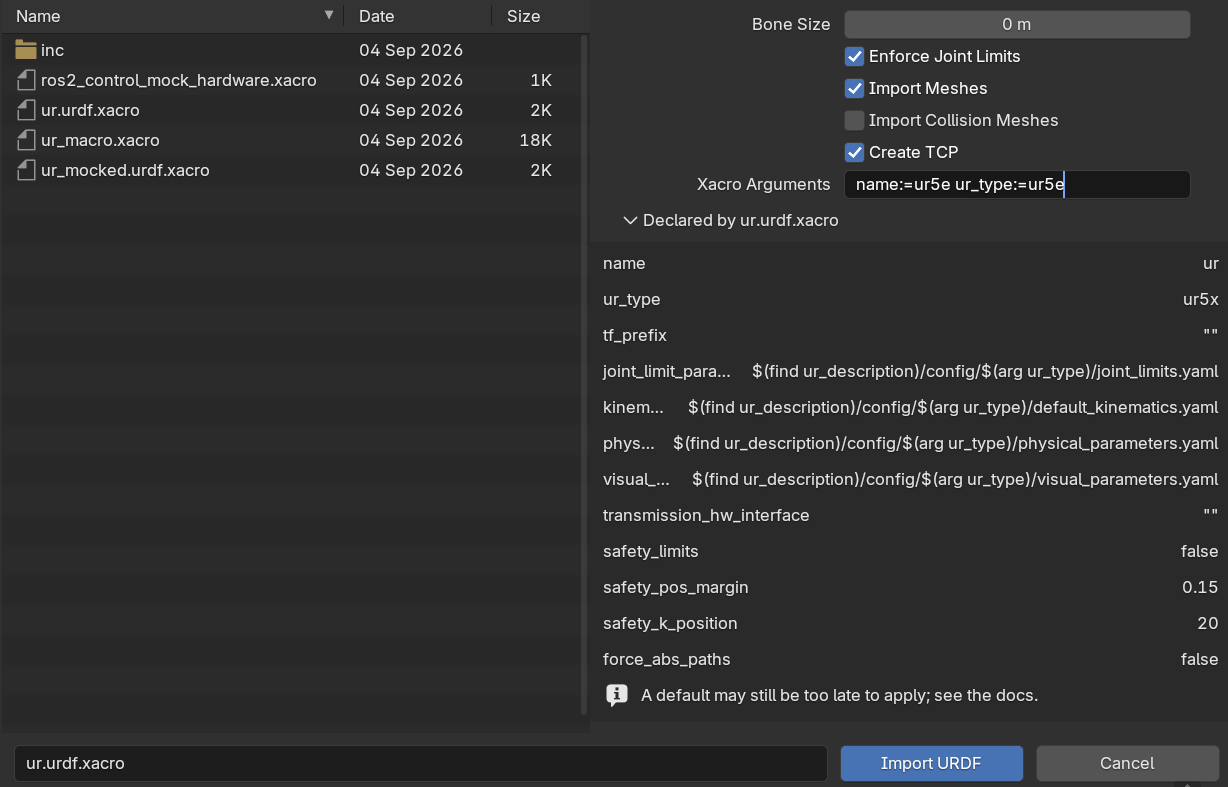 Screenshot: the URDF file browser with the Kinema options sidebar, importing a xacro that declares arguments.