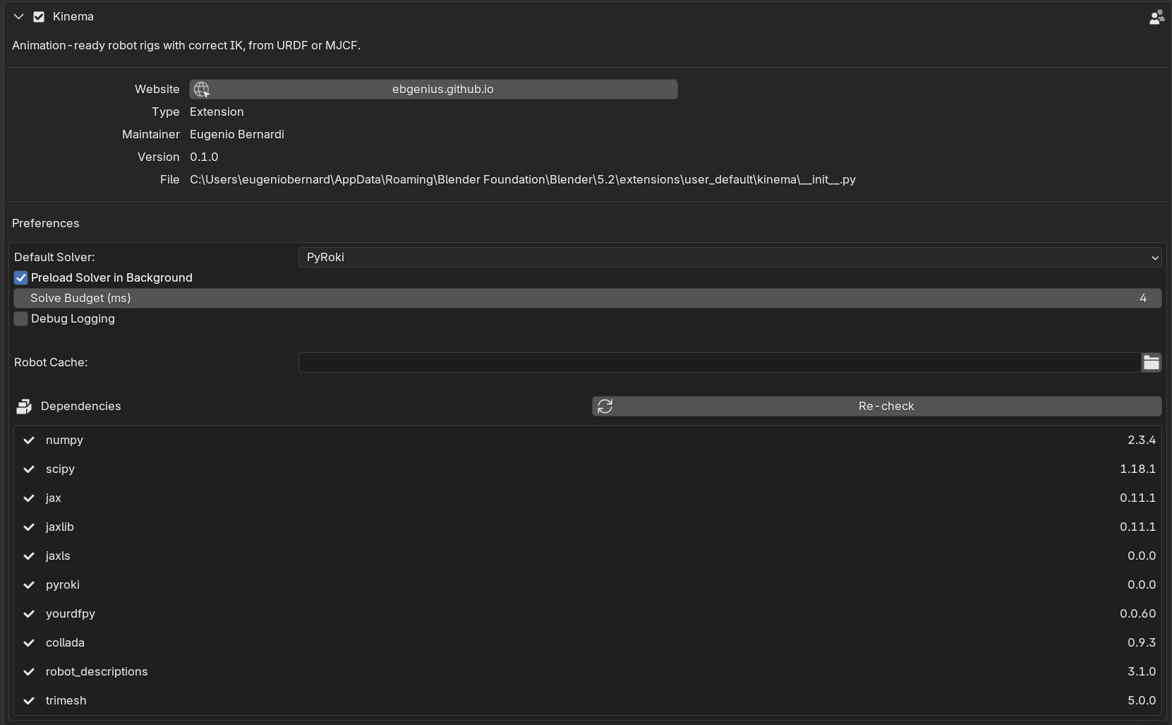 Screenshot: the Kinema preferences panel.