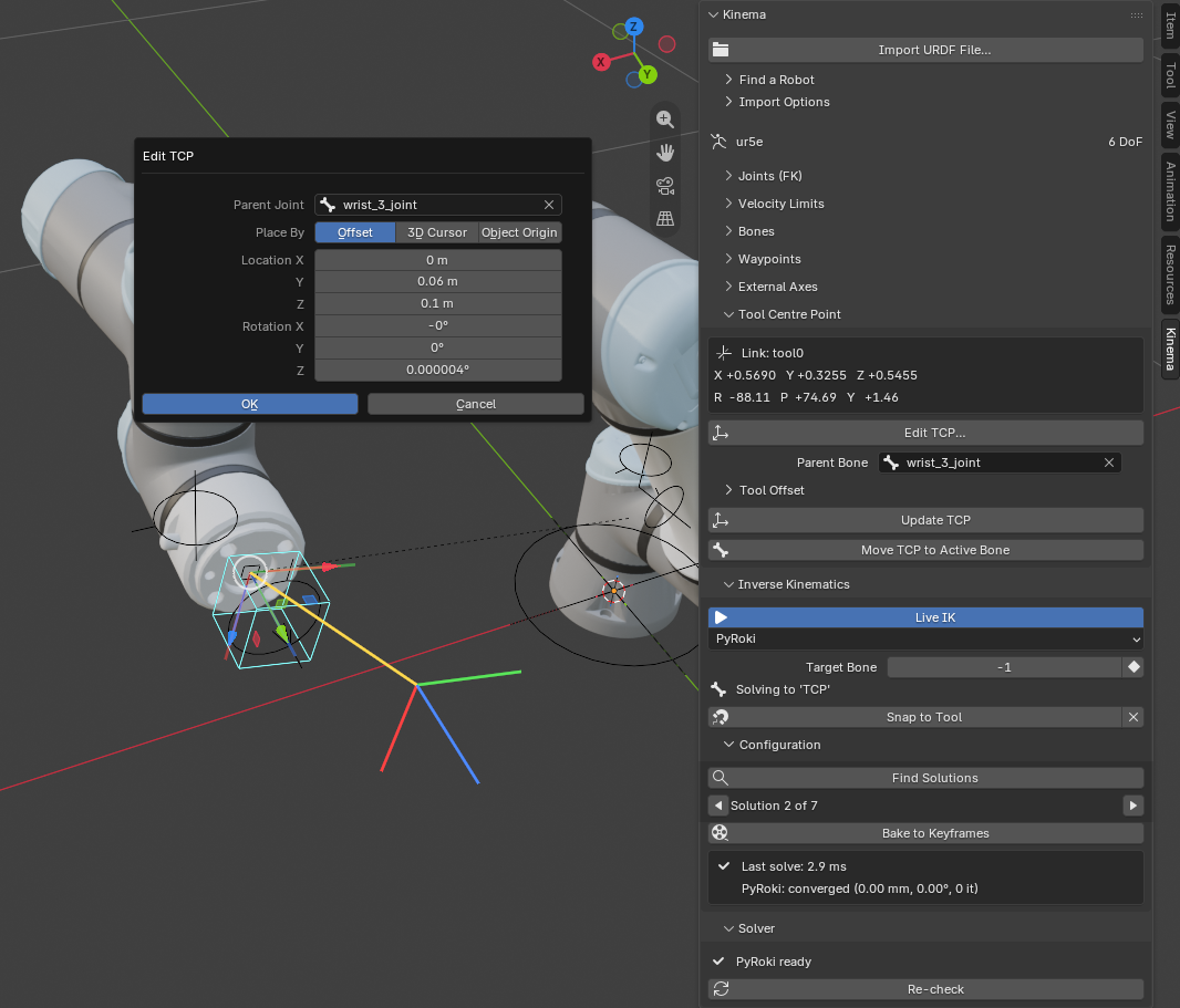 Screenshot: the Edit TCP dialog beside the Tool Centre Point panel, with the new TCP previewed as a set of axes off the flange.