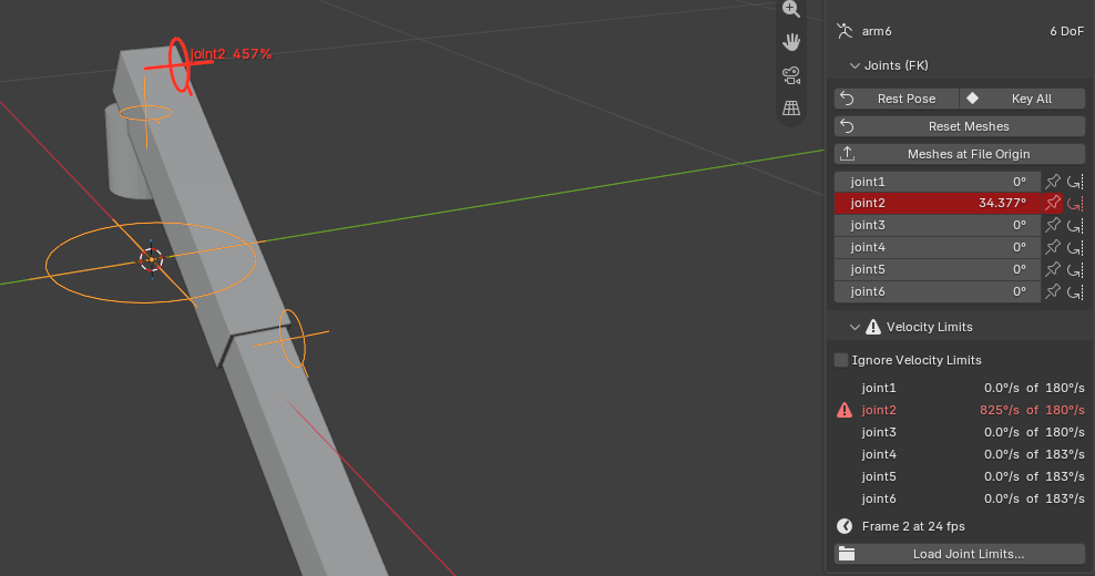 Screenshot: joint2 keyed too fast. Its slider, its row in Velocity Limits and its dial in the viewport are all red.