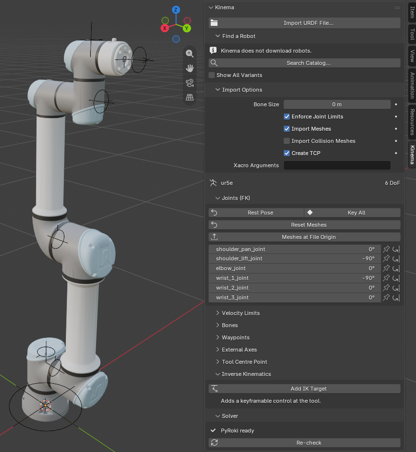 Screenshot: a UR5e loaded in the viewport with the Kinema sidebar open.