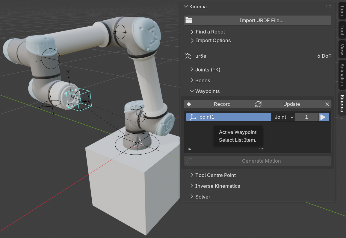 Screenshot: the Waypoints panel with four rows taught, and the markers visible in the viewport.